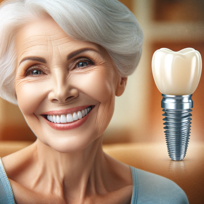 Dall·e 2024 01 11 03.42.42 A Beautiful Elderly Woman With A Bright, Joyous Smile Showing Her White, Healthy Teeth. Next To Her Is A Detailed Image Of A Dental Implant, Showcasin