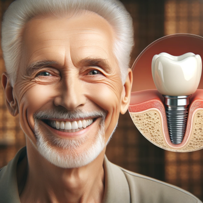 Dall·e 2024 01 11 03.43.37 A Charming Elderly Man With A Bright, Joyous Smile, Showing Off His White, Healthy Teeth. Next To Him Is A Detailed Image Of A Dental Implant, Showcas