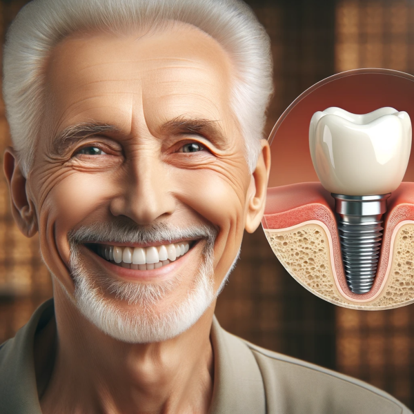 Dall·e 2024 01 11 03.43.37 A Charming Elderly Man With A Bright, Joyous Smile, Showing Off His White, Healthy Teeth. Next To Him Is A Detailed Image Of A Dental Implant, Showcas