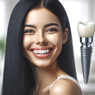 Dall·e 2024 01 11 04.01.26 A Young Woman With Long Black Hair, Displaying A Radiant, Joyous Smile With Her White, Healthy Teeth. Beside Her Is A Detailed Image Of A Dental Impla