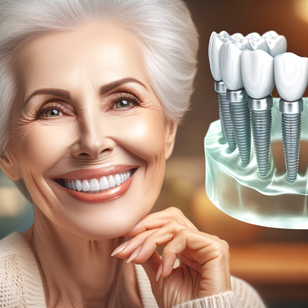 Dall·e 2024 01 11 04.18.29 A Beautiful Elderly Woman With A Bright, Joyous Smile Showing Her White, Healthy Teeth. Next To Her Is A Detailed Image Of A Multiple Dental Implant B