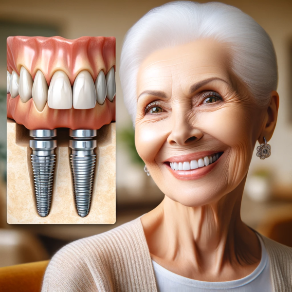 Dall·e 2024 01 11 04.18.34 A Beautiful Elderly Woman With A Bright, Joyous Smile Showing Her White, Healthy Teeth. Next To Her Is A Detailed Image Of A Multiple Dental Implant B