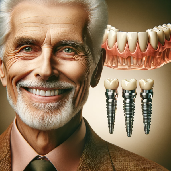 Dall·e 2024 01 11 04.20.43 An Elegant Elderly Man With A Kind, Genuine Smile, Showing Off White, Healthy Teeth. Next To Him Is A Detailed Image Of A Multiple Dental Implant Brid