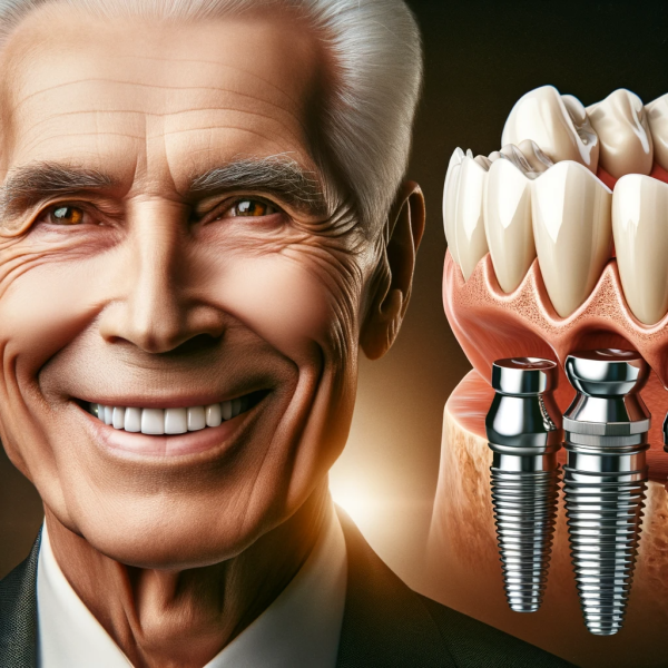 Dall·e 2024 01 11 04.20.47 An Elegant Elderly Man With A Kind, Genuine Smile, Showing Off White, Healthy Teeth. Next To Him Is A Detailed Image Of A Multiple Dental Implant Brid