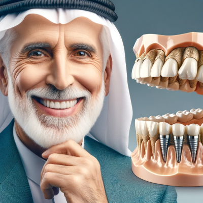 Dall·e 2024 01 11 09.14.26 Create A Sophisticated Image Of An Elderly Arab Man With A Distinguished Smile, Displaying White, Healthy Teeth. Next To Him, Include An Intricately D